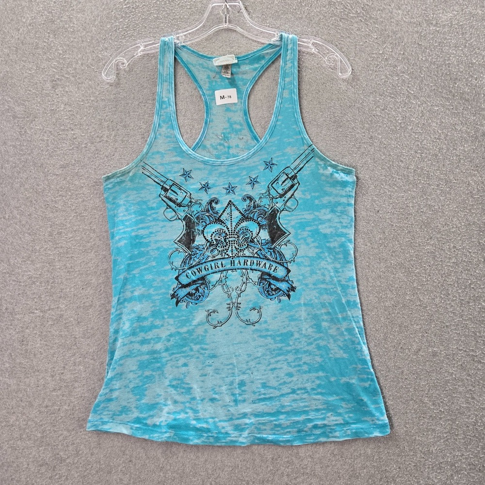 VINTAGE Cowgirl Hardware Women Top L Blue Tie Dye Tank Grunge Western Y2K READ